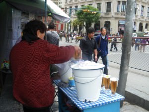 market stalls with mocochinchi in La Paz Bolivia