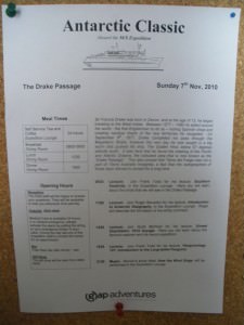 Crossing the Drake Passage in Antarctica trip daily bulletin on board.