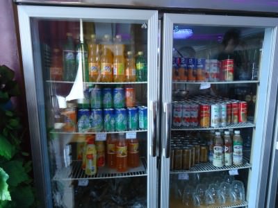 A fridge in a restaurant in Pyongyang - all the "normal" stuff including 7Up, Coca Cola etc.