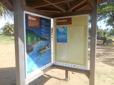 Information boards on the turtles at Novotel Beach, Cayenne, French Guyana.