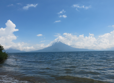 View of the lake and surrounding volcanoes.