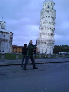 Jonny Blair pushing the leaning tower of pisa