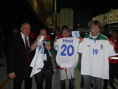 The lads showing off their free Azerbaijan shirts after the match at the Bakcell Arena.