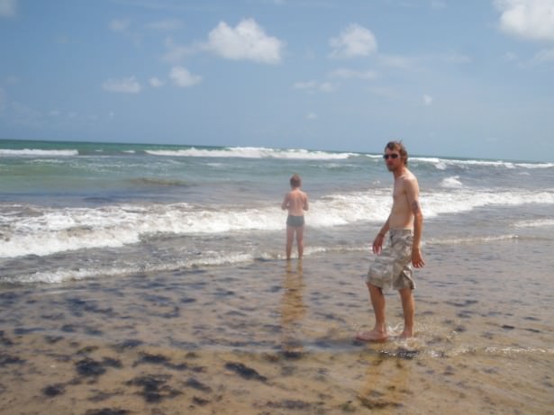 Taking a dip in the Atlantic at Recife Beach