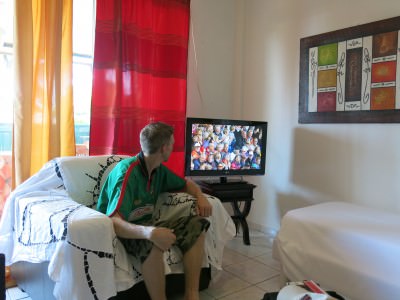 Watching the World Cup in our room at Oyasamaid, Cayenne, French Guyana.