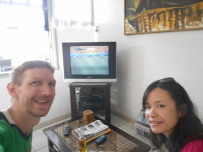 Watching Colombia get knocked out by Brazil in the TV in Guesthouse Amice reception.