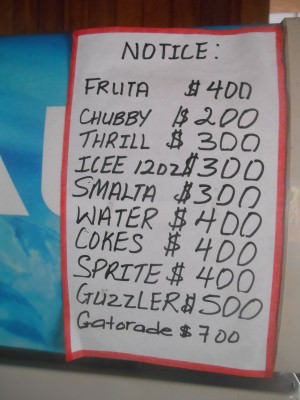 Prices of drinks in Kaieteur National Park.