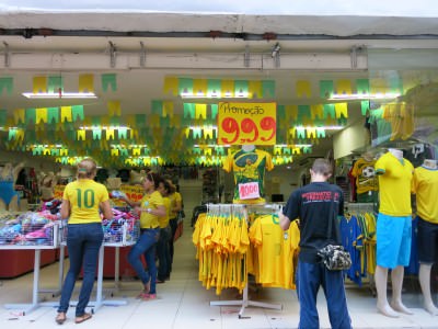 Checking out the Brazilian merchandise in Belem.