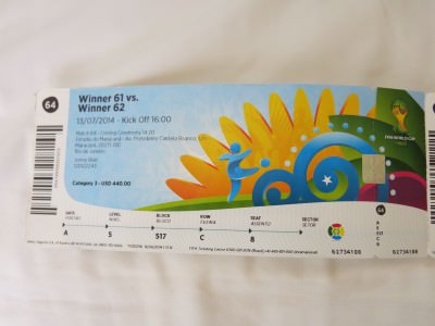 My ticket for the 2014 World Cup Final in Rio de Janeiro, Brazil.