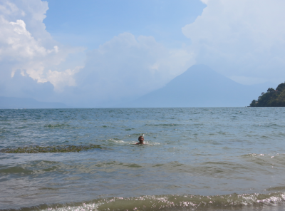In for a swim on Lago Atitlan.
