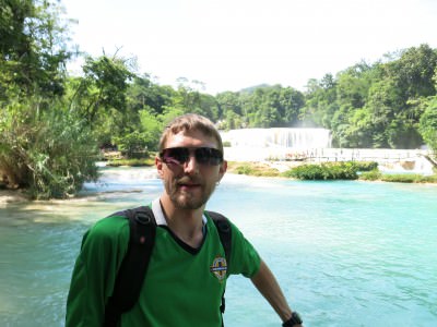 Visiting Agua Azul waterfalls in Mexico.