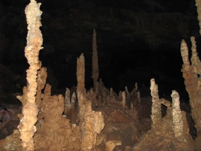 Stalagmites and stalagtites at Actun Tunichil Muknal
