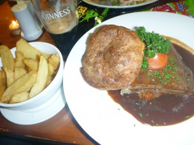 Beef, potatoes and Yorkshire pudding with chips on the side.