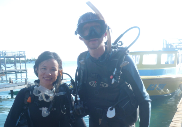 Panny and I on the first day of open water dives in Utila Honduras