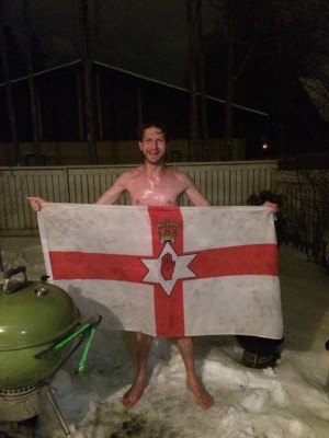 Northern Ireland flag and the naked snow dive in Jarvenpaa.
