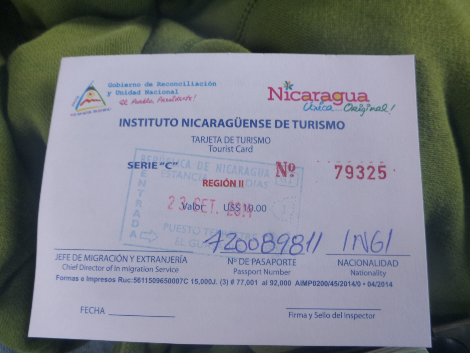 tourist card nicaragua