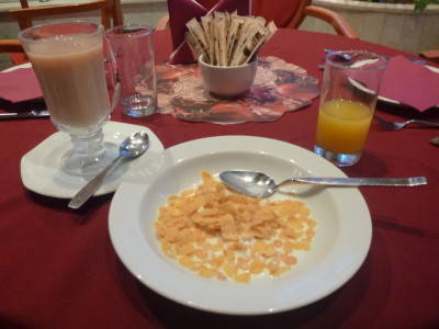 Tea, cereal and juice.
