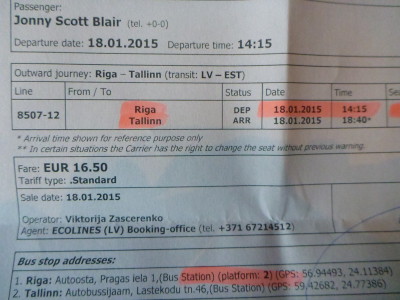 My Ecolines ticket from Riga to Tallinn in Estonia.