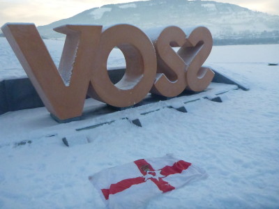 The Voss sign and my travelling Northern Ireland flag.