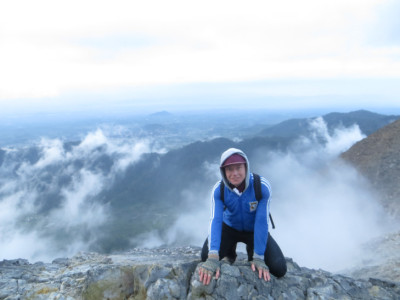 World Traveller Justin Egli climbing the active volcano of Sibayak