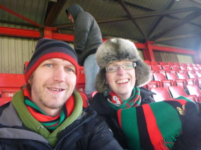 My friend Michael Whitford and I watching the Glens! Glentoran FC at the Oval in Belfast, Northern Ireland.