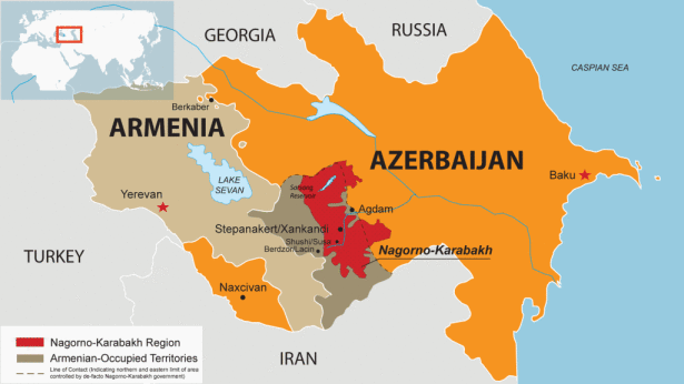 The complicated borders in Armenia, Naxivan, Nagorno Karabakh and mainland Azerbaijan.