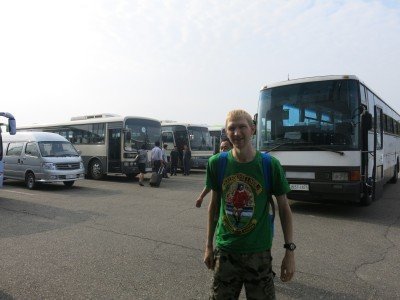 Arriving at the Yanggakdo Hotel by tour bus