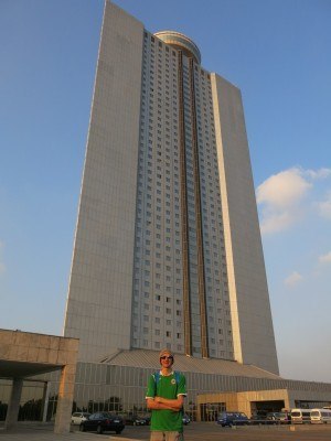 Out the front of the Yanggakdo International Hotel in Pyongyang, North Korea