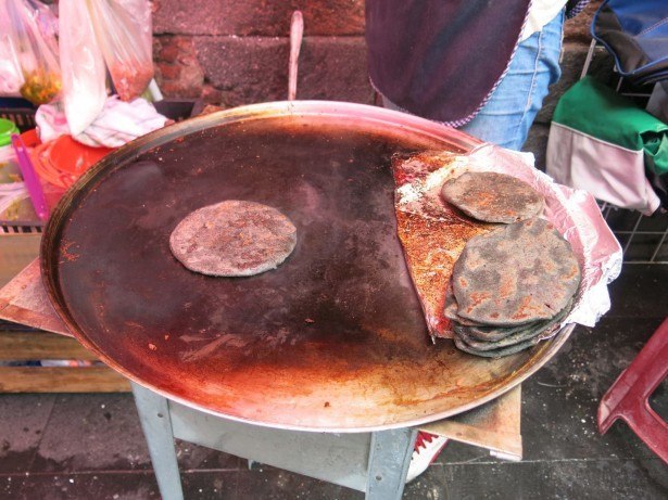 Blue tortillas getting baked in Mexico City