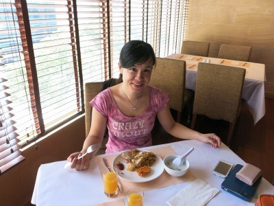 Panny and her breakfast at the Dorsett Mong Kok