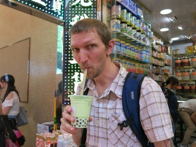 Trying the melon Taiwanese style milky tea in Mong Kok
