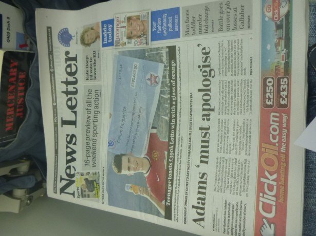 Front page of Northern Ireland's national newspaper that day - ADAMS must apologise