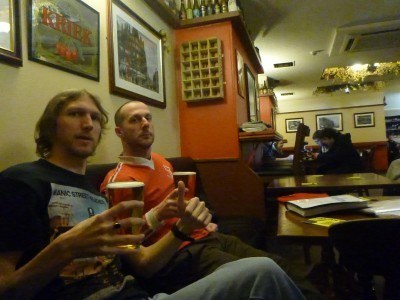 Pints in the day with Blair and Adams in the Post Office pub. Standard.
