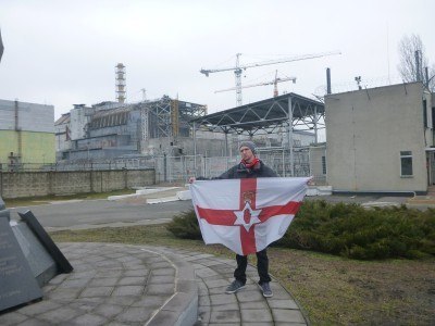 With my Northern Ireland flag at Chernobyl