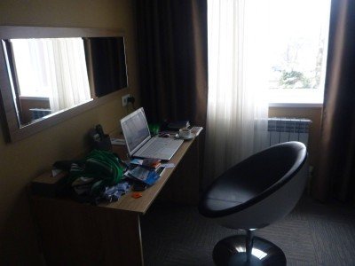 My desk set up for working online in Hotel Evropa