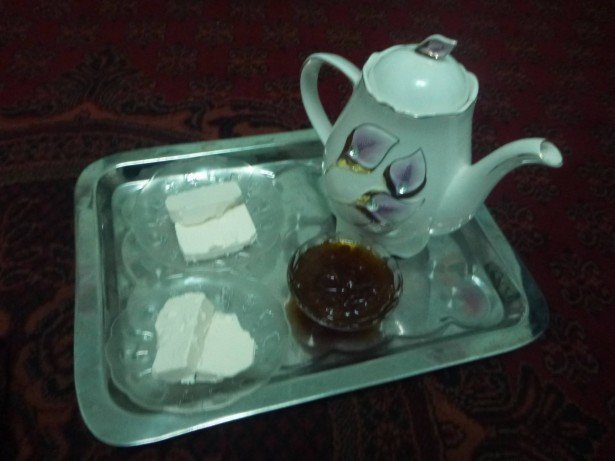 Cheese, jam and tea for breakfast