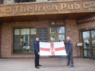 Flying the Northern Ireland flag at the Irish Pub in Tashkent