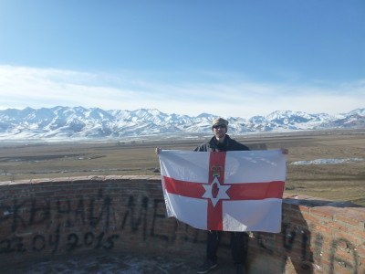Flying my Northern Ireland flag at the top of Burana Tower
