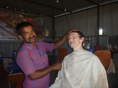 Getting my beard chopped off in Hampi, India
