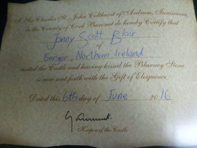 My certificate to say I have kissed the Blarney Stone