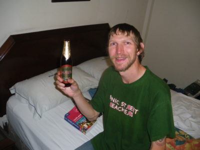A beer in my free hotel room in Santa Cruz de la Sierra in Bolivia in 2010