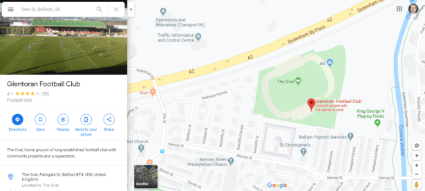 Location of The Oval grounds - Glentoran FC's famous stadium in Belfast city, Northern Ireland