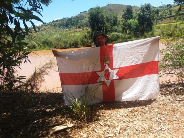 Backpacking In Madagascar: My Northern Ireland flag at The Katsaoka River at The Lemurs Park At Katsaoka, Near Antananarivo
