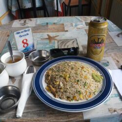 Friday's Featured Food: Chicken Egg Fried Rice (with the spices on the left) And Phoenix Beer at Blue🔵 Bay🏝 Snack Shack in Mauritius🇲🇺
