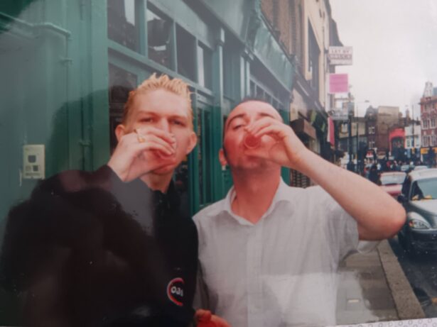 Gavin and I necking shots for Oasis concert at Finsbury Park, 2002