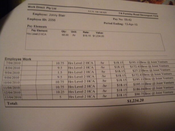 My weekly pay slip back in 2010 - $1,200 per week was excellent money back then!