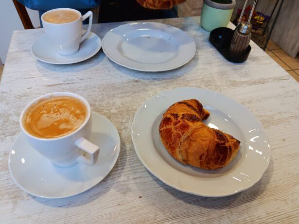 Coffee and Croissant breakfast in Zehlendorf while we waited for the Embassy to open