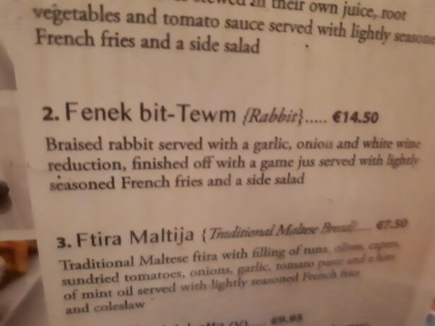 Fenek bit-Tewn (Rabbit) in the Caffe Cordina Restaurant, Valletta, Malta, 2017